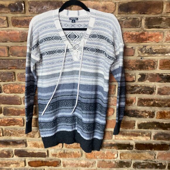 Lucky Brand Wool Blend Striped Lace-Up Pullover Sweater Women's Size Medium - Picture 1 of 6